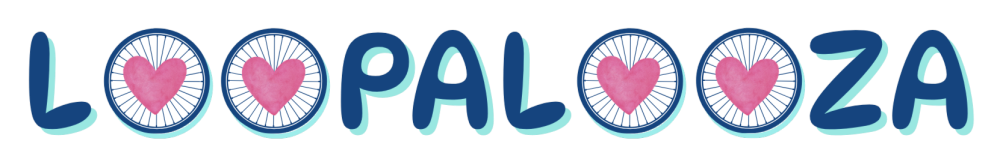Loopalooza logo with teal playful letters and pink heart-filled blue O's