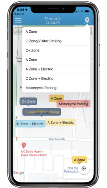 Interface of AMP Park on a phone screen. The screen shows the home page map with a dropdown showing different zones.