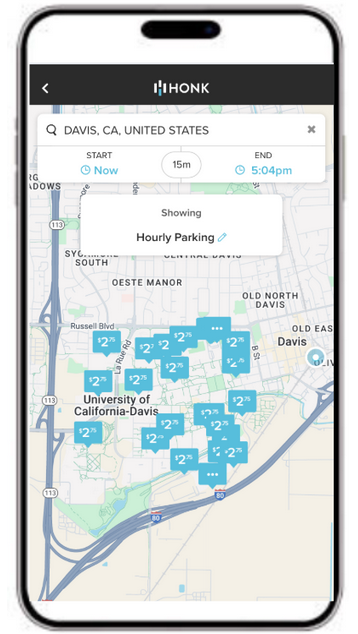 Interface of HONK on an iPhone screen. The interface shows the search by map feature.