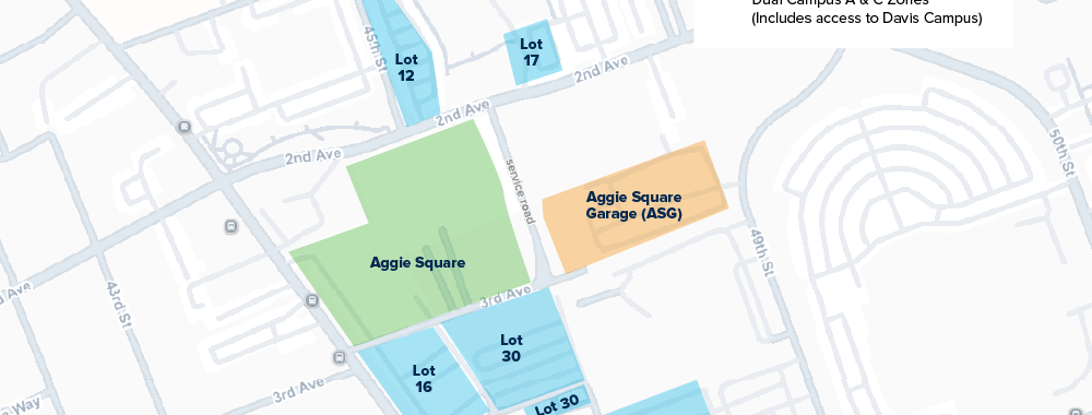 Map displaying surrounding area of Aggie Square Garage, with indications of road markings and parking lots.