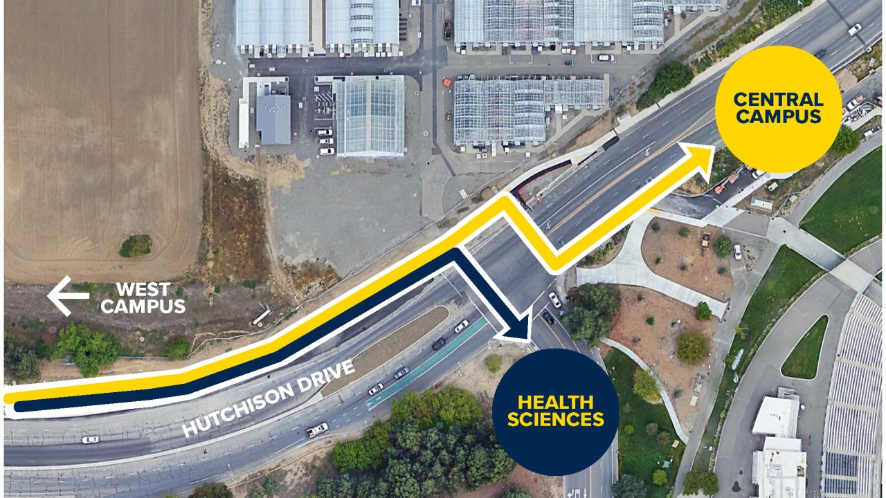 Image of map with arrows the outline the different bike crossings bicyclists traveling from west campus should take.