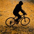 student riding a bike through the fall leaves