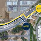 Image of map with arrows the outline the different bike crossings bicyclists traveling from west campus should take.